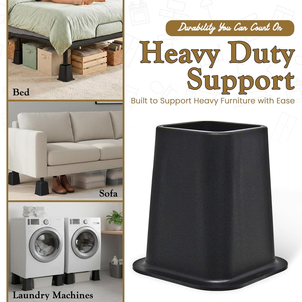Kings Brand Furniture 6-inch Bed Risers - Set of 4 Black Heavy Duty Stackable Furniture Risers for Under Bed Storage, Desk, Sofa, Couch
