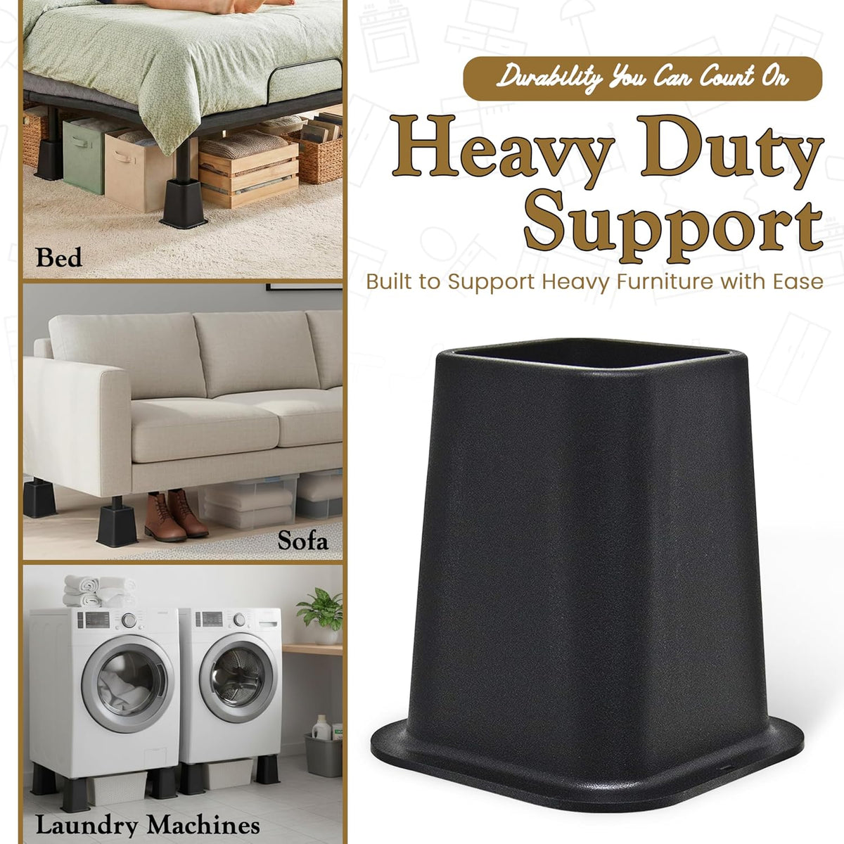 Kings Brand Furniture 6-inch Bed Risers - Set of 4 Black Heavy Duty Stackable Furniture Risers for Under Bed Storage, Desk, Sofa, Couch