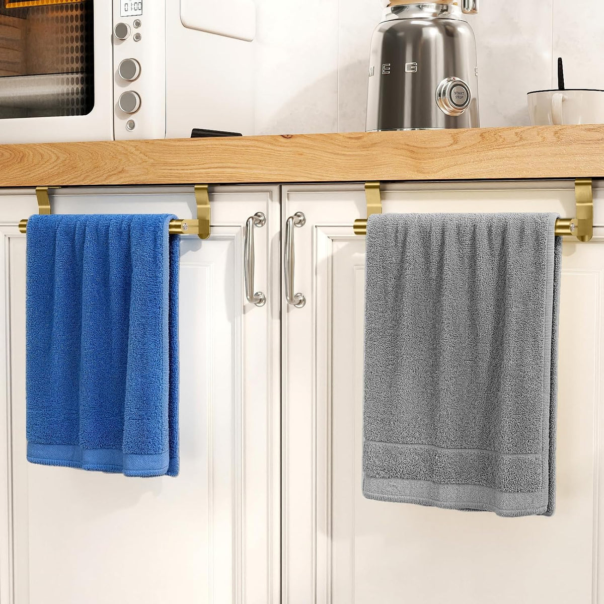 STWWO Gold Over Cabinet Towel Holder for Kitchen Cabinet Door, 2 Pack Bars
