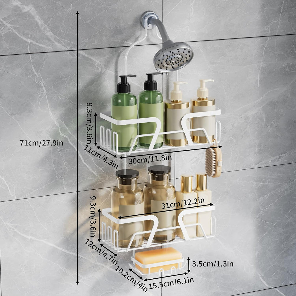 DAOYA White Shower Organizer Hanging - 2 Over The Shower Head Caddies + Soap Dish, Stainless Steel Rust-Free Bath Organizer