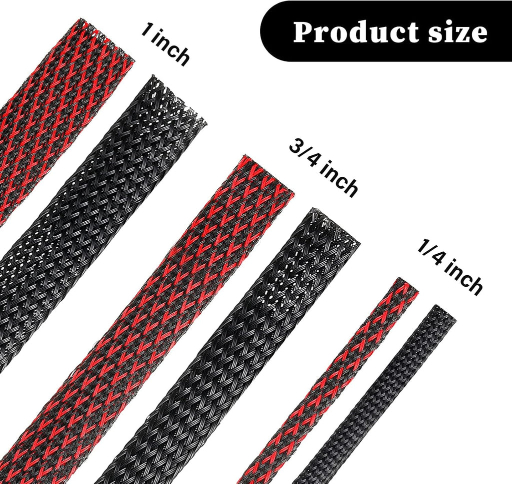 Xuniea 96ft Wire Loom Braided Cable 1/4, 3/4, 1 Inch,Black and Red