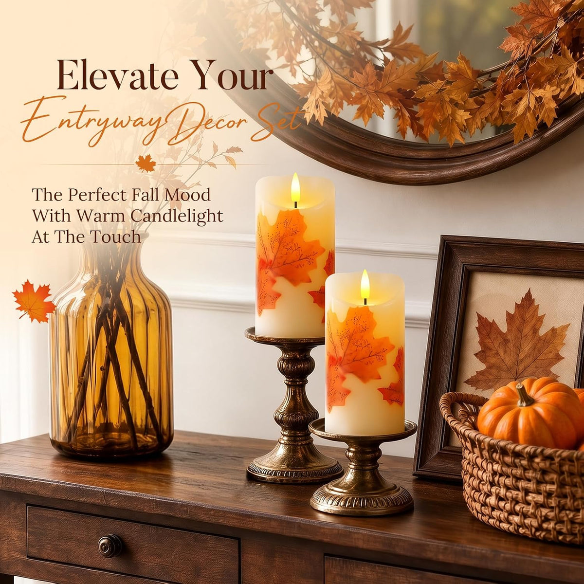 Raycare 6"x3" Maple Leaf Real Wax Flameless LED Pillar Candles with Remote