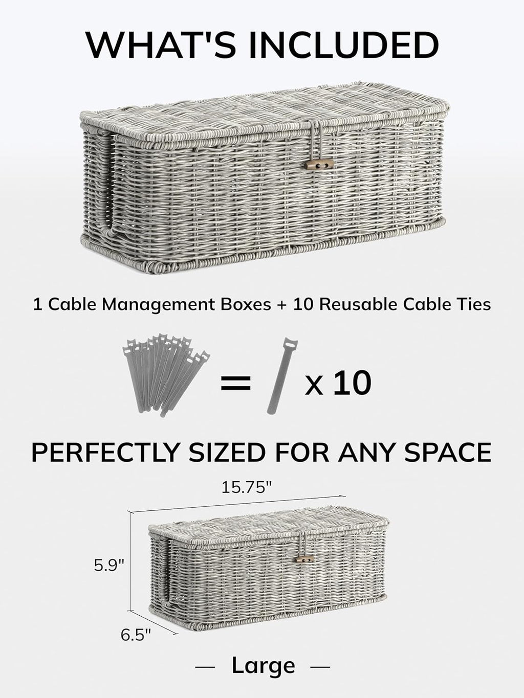 Cable Management Box, Cord Organizer with Lid & Cable Ties - Gray, L