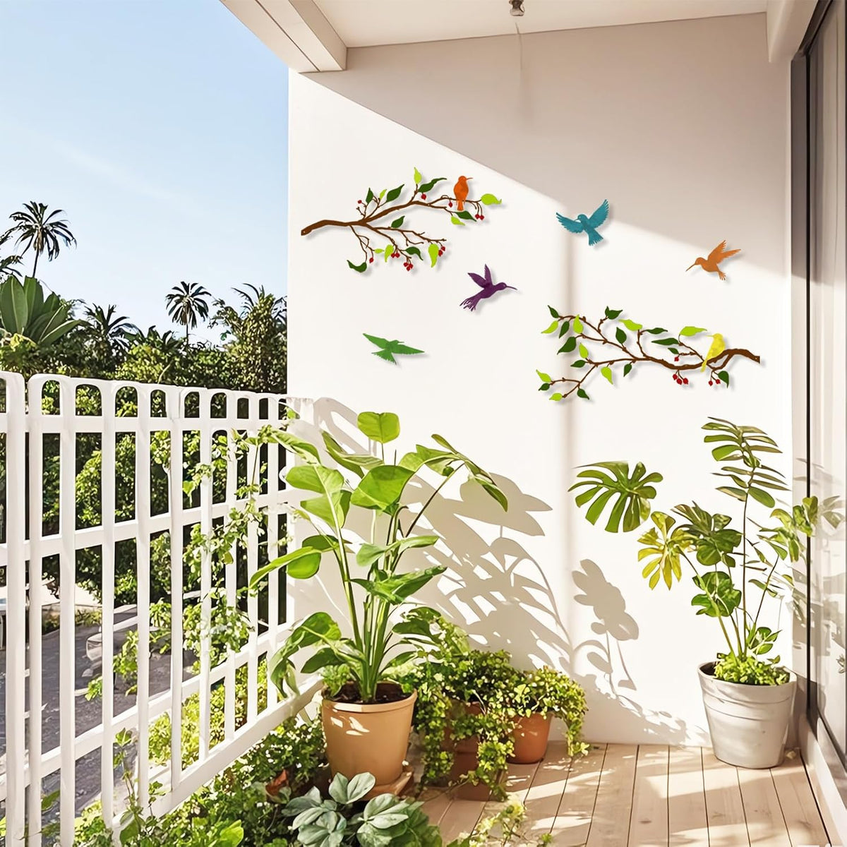 Harikikochuu 4PCS Metal Birds Wall Art, Birds on the Branch Silhouette Art, Metal Leaves with Hummingbirds Outdoor Wall Art for Home Office Balcony Garden Decor (Colorful, Hummingbirds)