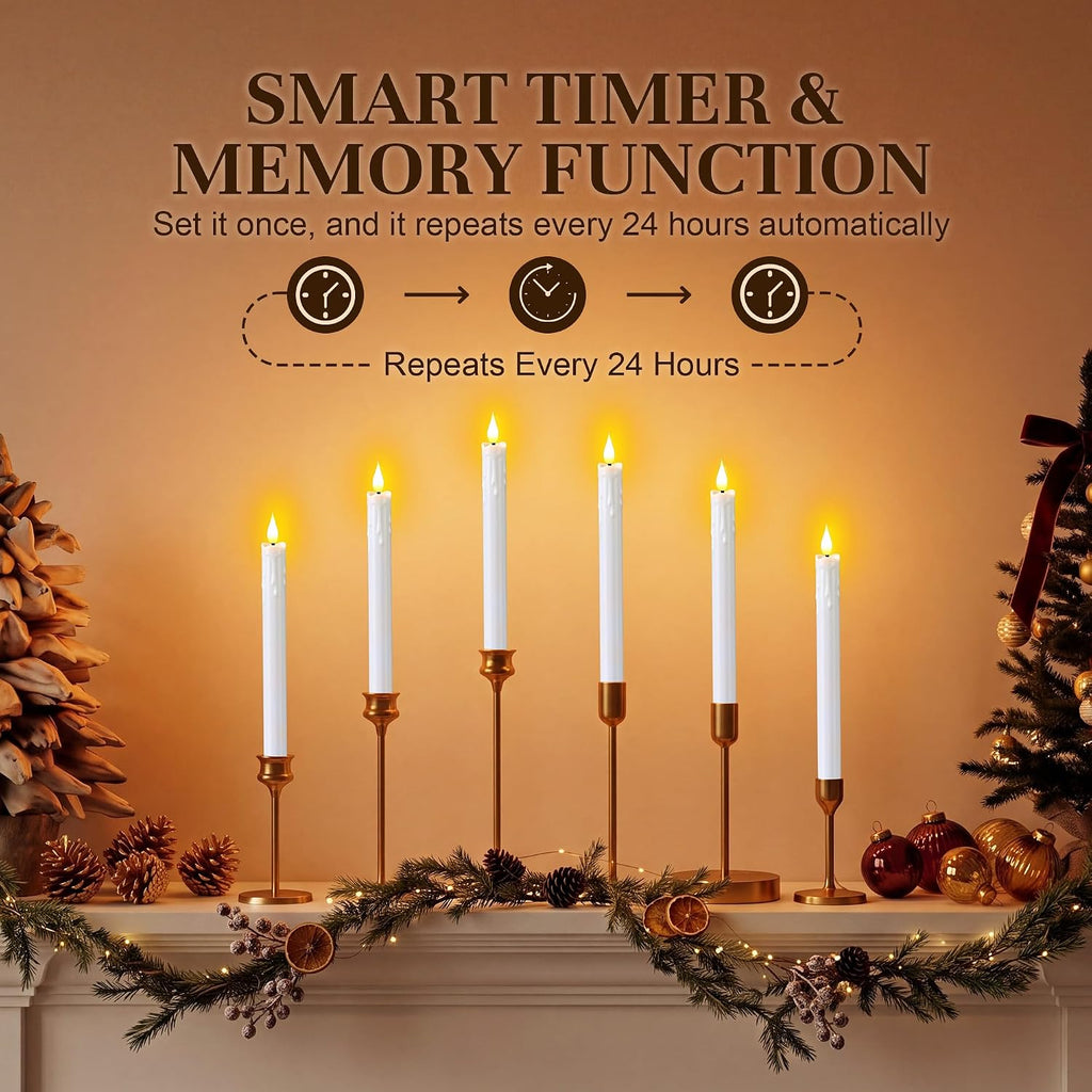 Enhon 6 Pack Flameless Taper Candles with Remote & Batteries, 10" White LED Candle Sticks, 3D Wick & Wax Drip Design, 624+ Hour Battery Operated Candles for Home, Wedding & Christmas Decor