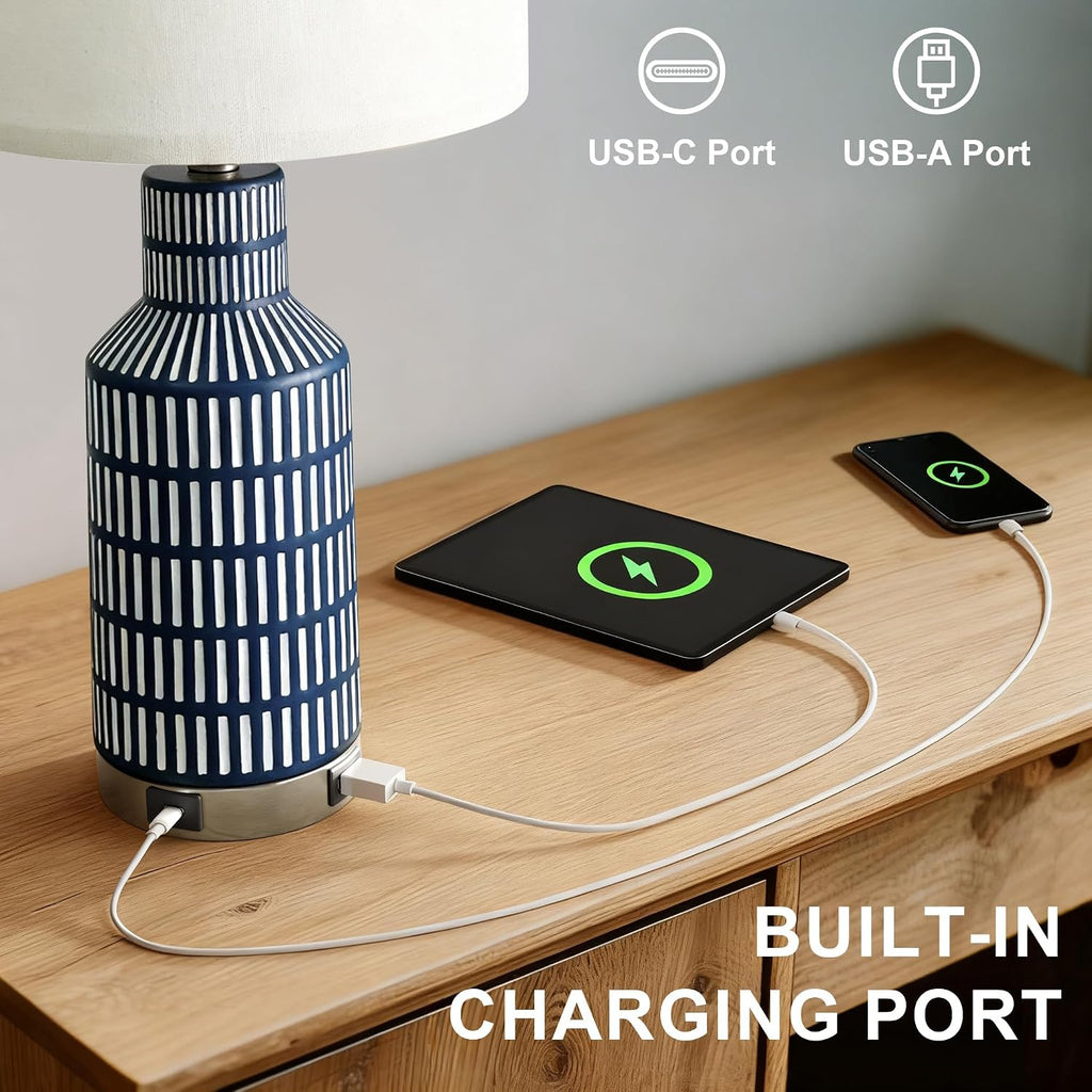 USumkky 25" Modern 3-Way Dimmable Touch Control with USB A+C Ceramic Lamps Set of 2 Table Lamp for Living Room Bedroom Farmhouse Nightstand Bedside Blue