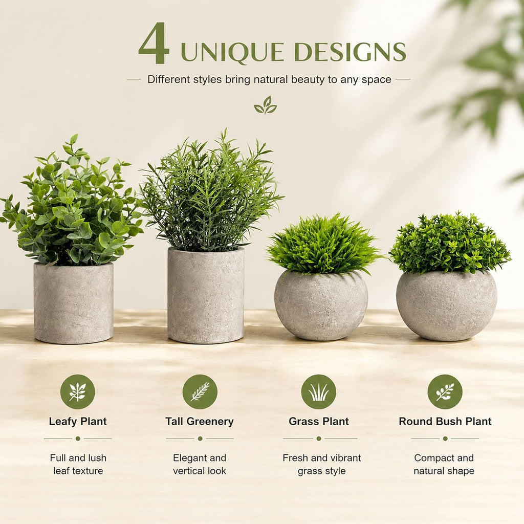 Set of 4 Small Artificial Plants in Pots, Faux Greenery Cement Desk
