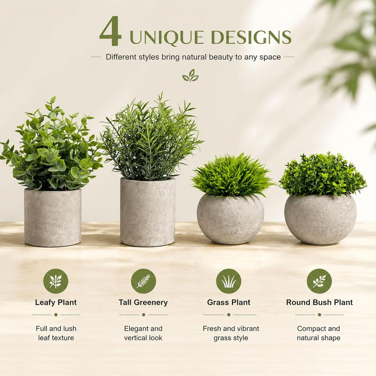 Set of 4 Small Artificial Plants in Pots, Faux Greenery Cement Desk