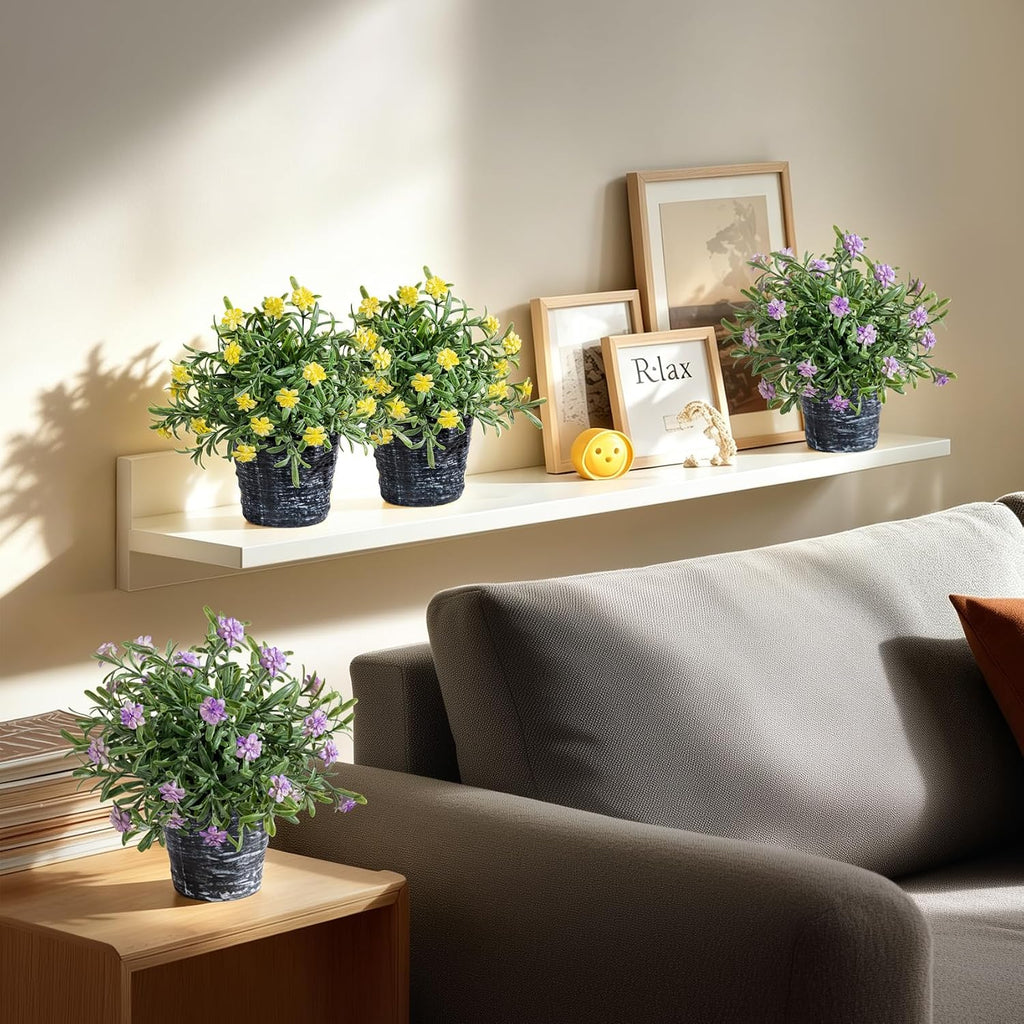 Small Fake Plants Set of 2, Mini Artificial Potted Plants with Flowers