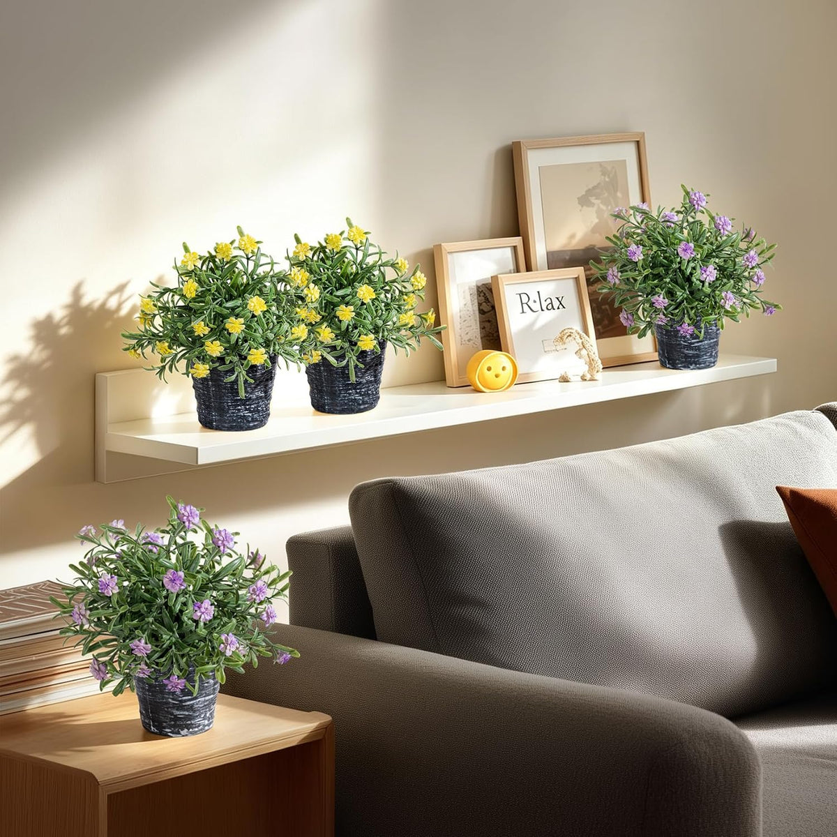 Small Fake Plants Set of 2, Mini Artificial Potted Plants with Flowers