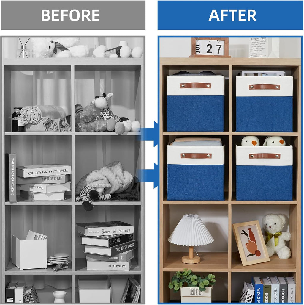Temary 11 Storage Cube Bins for Shelves, Closet - 4 Pack Fabric Baskets With Leather Handles (White & Blue)