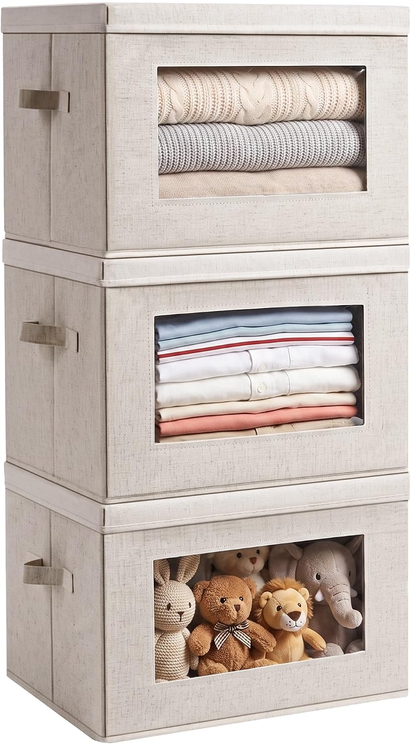 3-Pack Large Storage Bins with Lids & Clear Window, Foldable Fabric Closet Organizer Boxes, Stackable Cube Baskets with Soft Handles for Clothes & Blankets, 17”, Beige