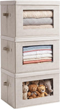 3-Pack Large Storage Bins with Lids & Clear Window, Foldable Fabric Closet Organizer Boxes, Stackable Cube Baskets with Soft Handles for Clothes & Blankets, 17”, Beige
