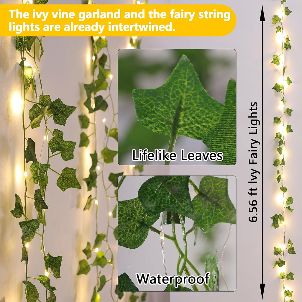 Vines with Lights Battery Operated, 6.56ft 20 LED Vines with Fairy Lights, Leaf Lights with 8 Modes, Fake Vines Ivy String Lights for Bedroom, Wall, Room, Garden, Party Decor, 8 Pack