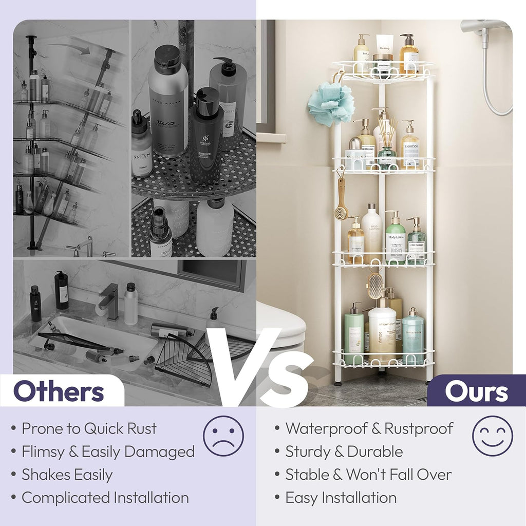 SWTYMIKI Standing Shower Caddy Corner - 4‑Tier Stainless Steel Shower Organizer Shelf with 16 Hooks and Adhesive Pads, Rustproof Corner Shelves Stand Rack for Bathroom Shower Room, white