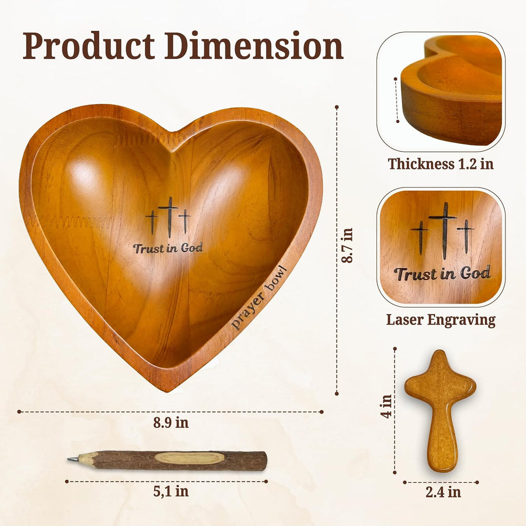Prayer Bowls for Women Trust In God - Wooden Heart Prayer Bowl with 30 Cards & Wooden Fidget Cross - Birthday Gifts for Christian Women, Godmothers, Mom, Brown Heart Decorative Bowl with Storage Bag
