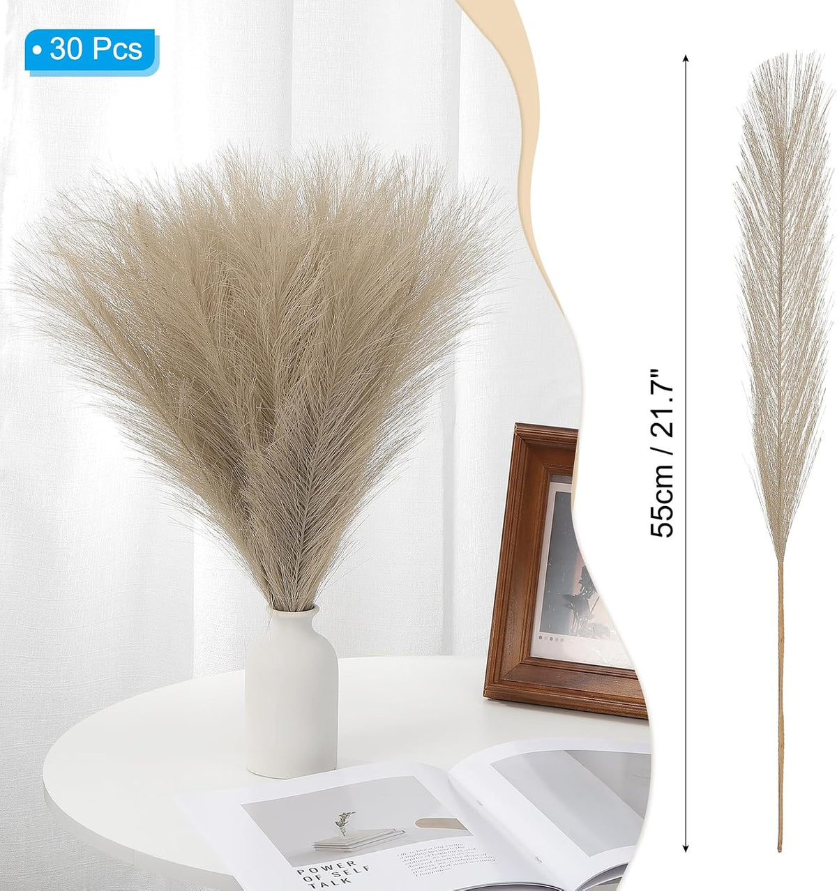 PATIKIL 21.7in Pampas Grass Decor, 30pcs Artificial Pampas Grass Bulk Fluffy Faux Pampas Grass Small Dried, Brown