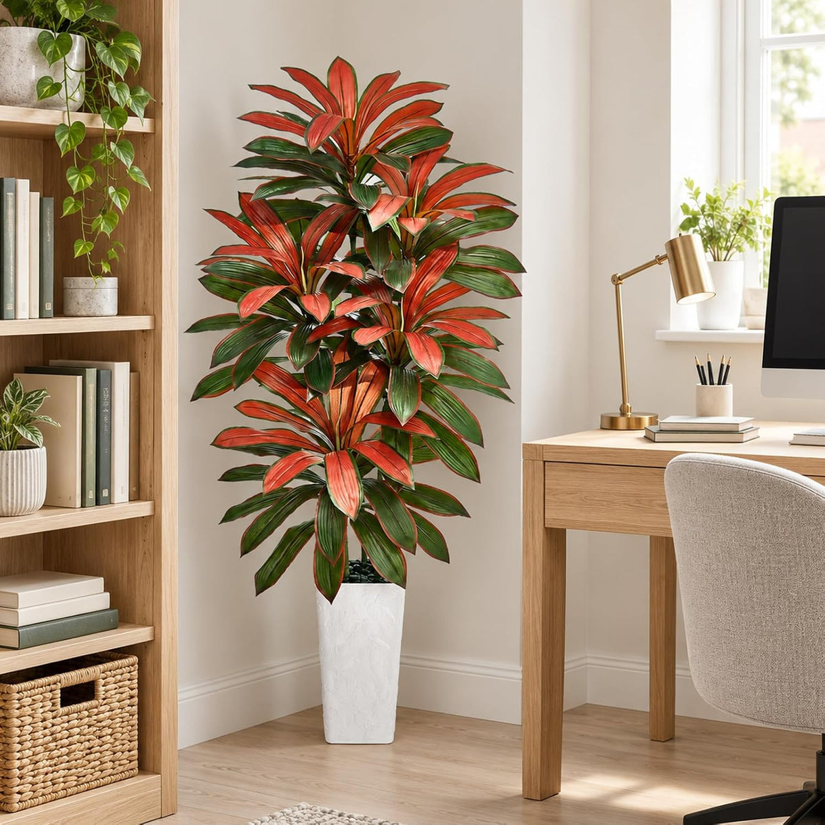 Artificial Dracaena Tree Red, 5FT Fake Plants White Planter