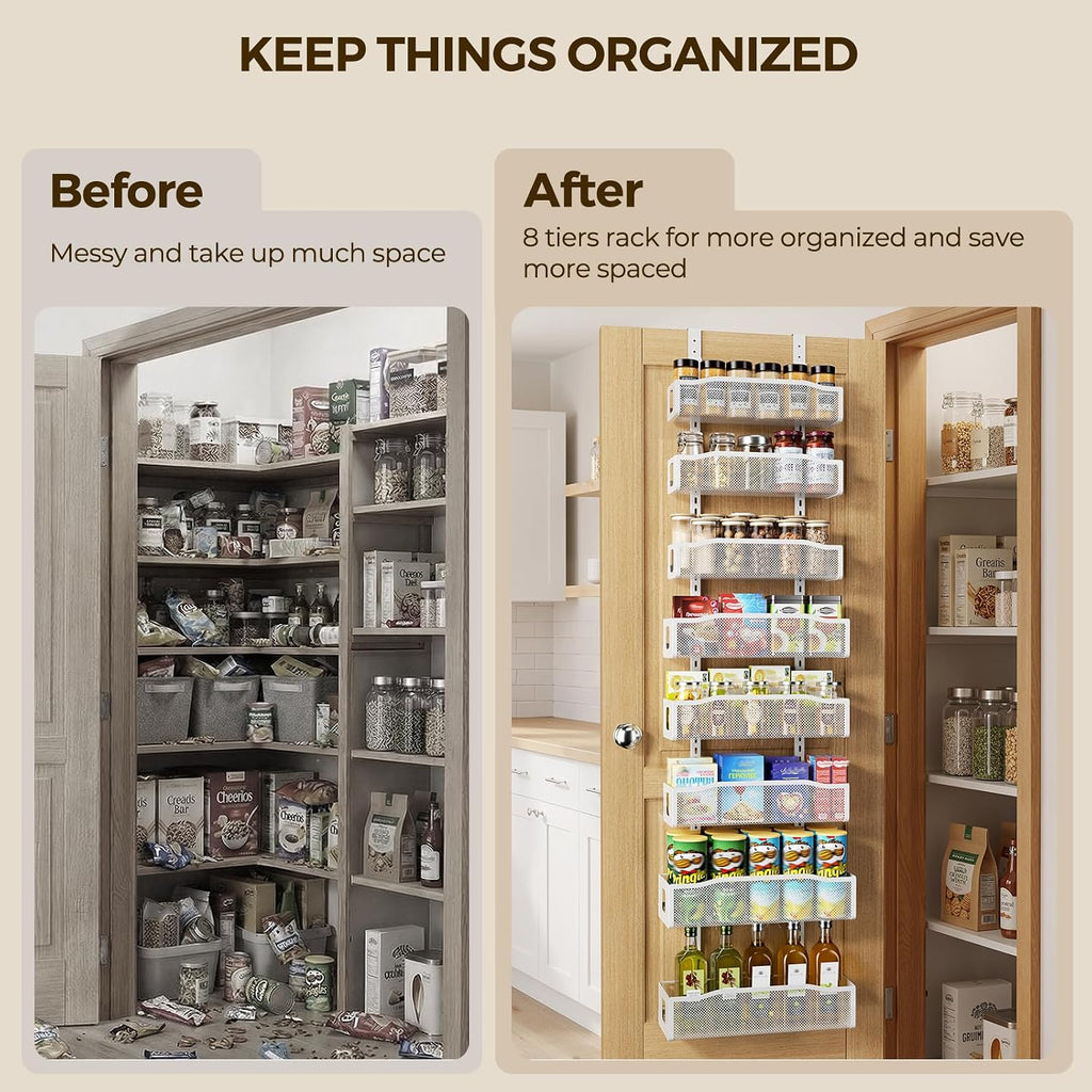 Delamu 8 Tier Over the Door Pantry Organizer, 2in1 Hanging or Wall Mount Spice Rack Seasoning, Adjustable Heavy-Duty Pantry Door Organizer and Storage for Kitchen Cabinet and Bathroom, 15.3" White