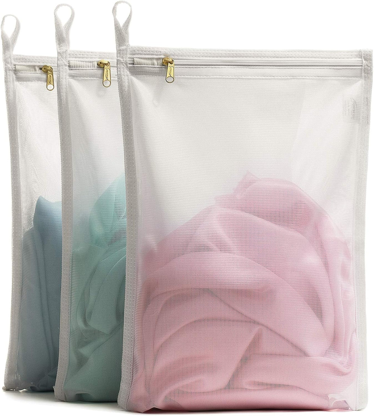 TENRAI Delicates Laundry Bags, Bra Fine Mesh Wash Bag for Underwear, Lingerie, Bra, Pantyhose, Socks, Use YKK Zipper, Have Hanger Loops, Small Openings (White, 3 Small, CQS)