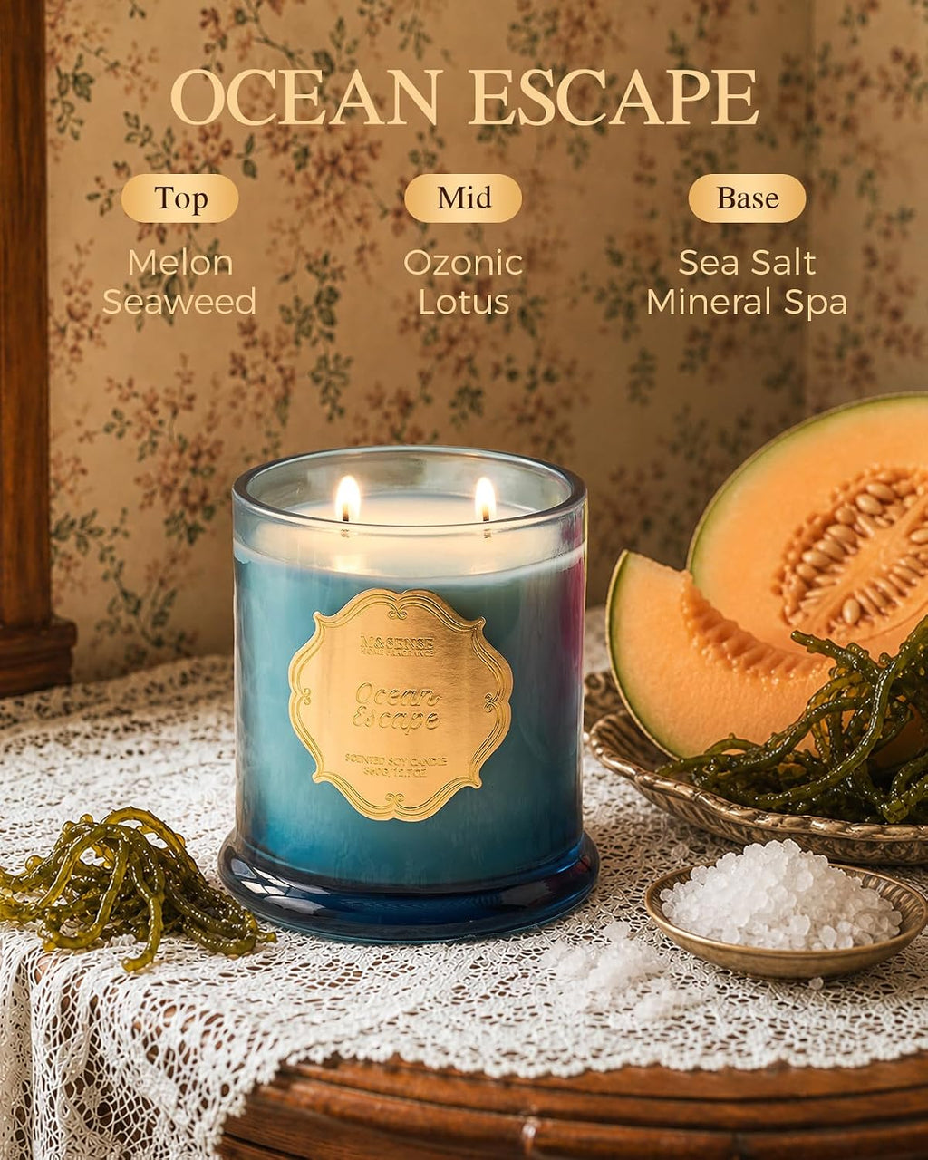 M&SENSE Ocean Escape Non Toxic Large Soy Candle, 12.7oz Summer Scent