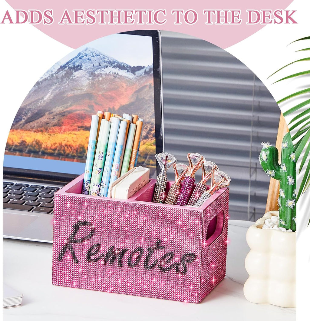 MotiMind Rhinestone Remote Control Holder,Desk Accessories for Gift, Pink
