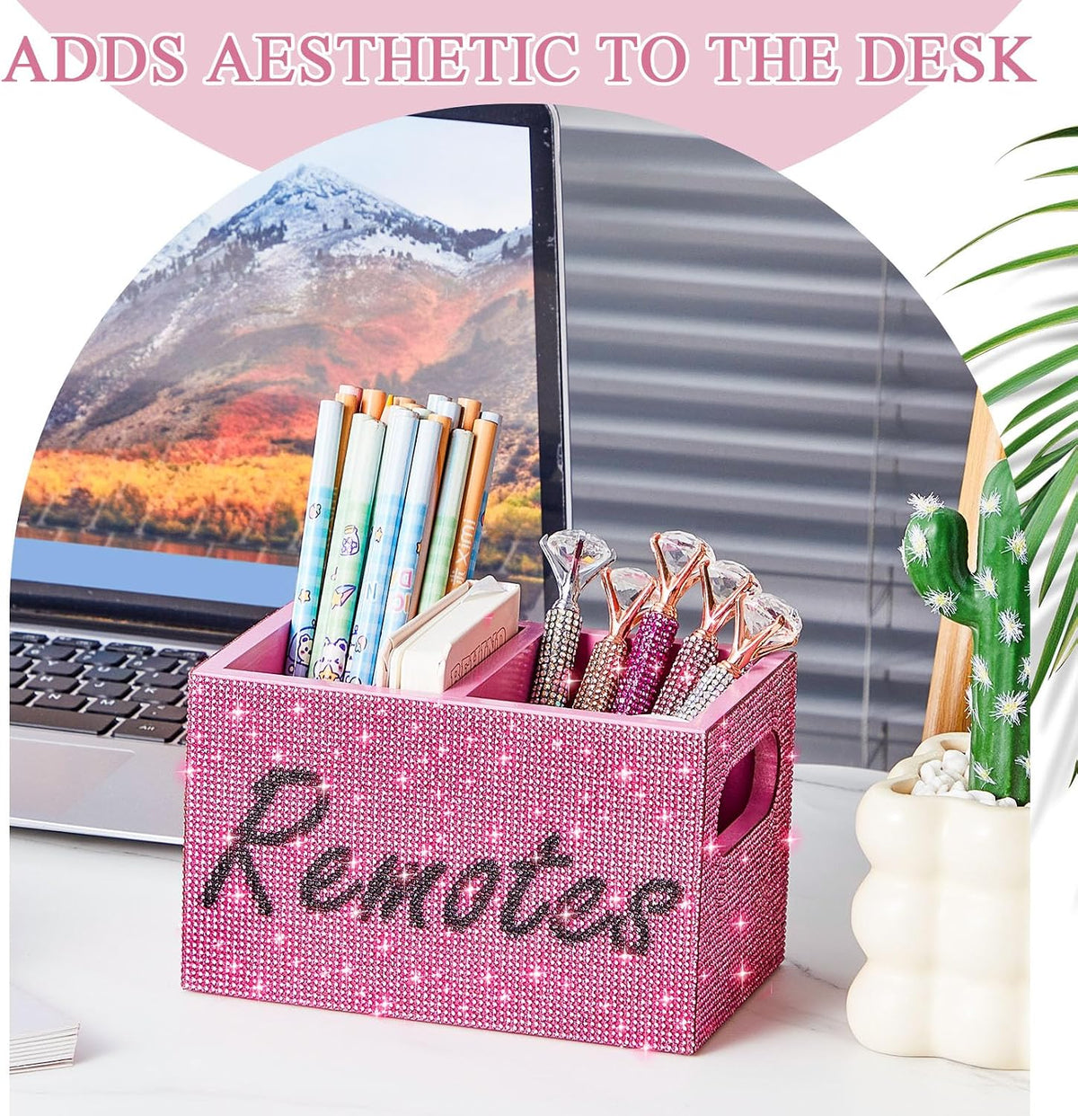 MotiMind Rhinestone Remote Control Holder,Desk Accessories for Gift, Pink