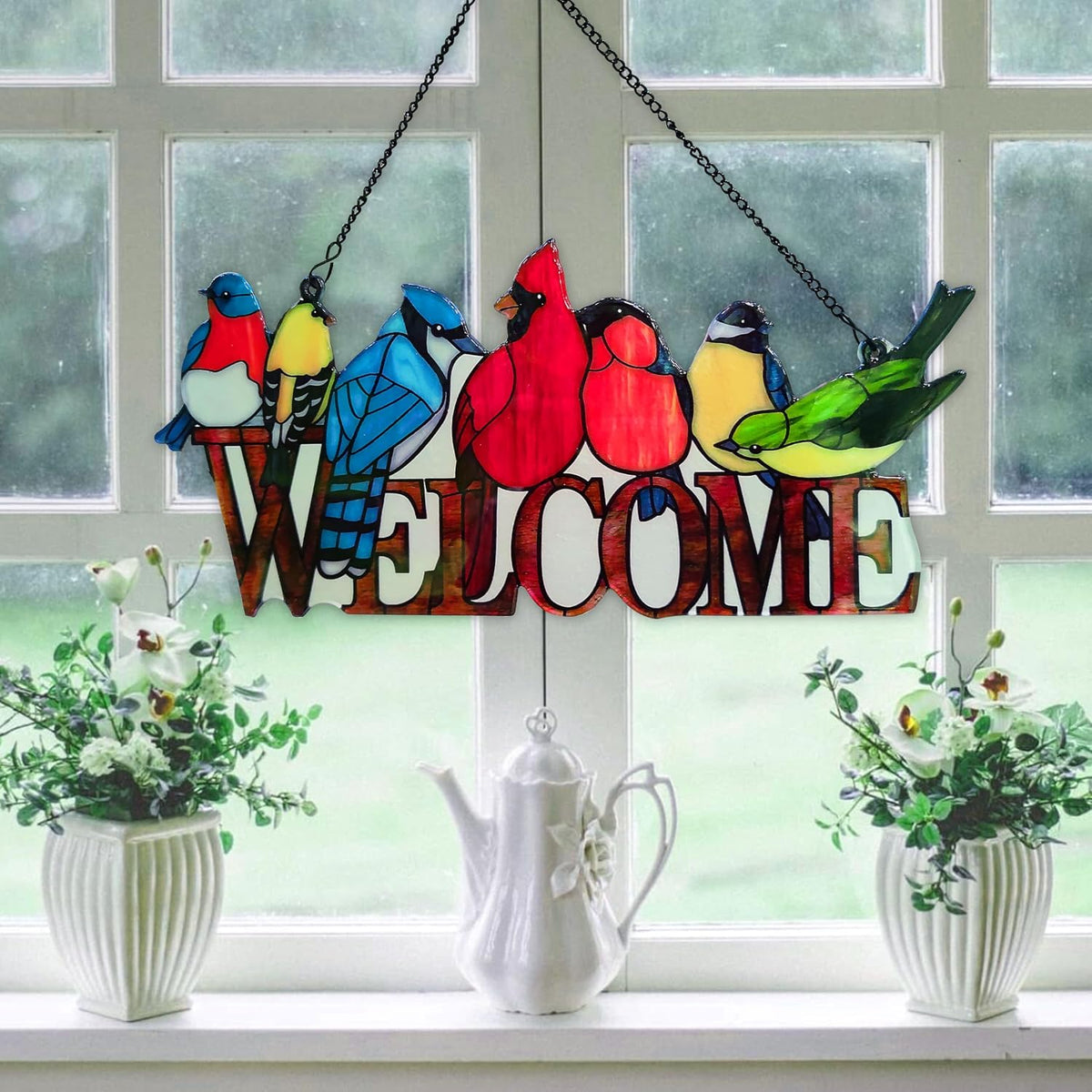 JOYBEE Birds On Branch Stained Glass Suncatcher Cardinal Hummingbird Kingfisher Double Side Glass Panel Window Hanging Decor Bird Ornament Bird Lover Gift for Mom Grandma