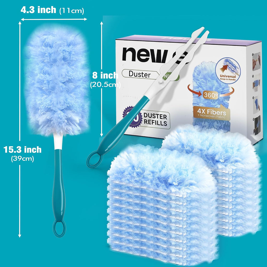 NEWE Duster Refills 20 PCS with Handle Compatible with Swiffer, 360 Degree Heavy Duty Dusting Kit with 4X Microfibers, Multi-Surface Dust Removing Tool for Cleaning Blinds Bookshelf Furniture