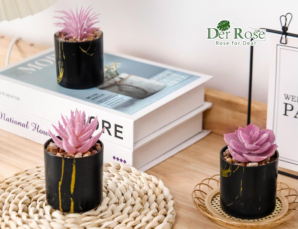 Der Rose 3 Pack Mini Fake Plants in Black Pots for Office Desk Accessorise