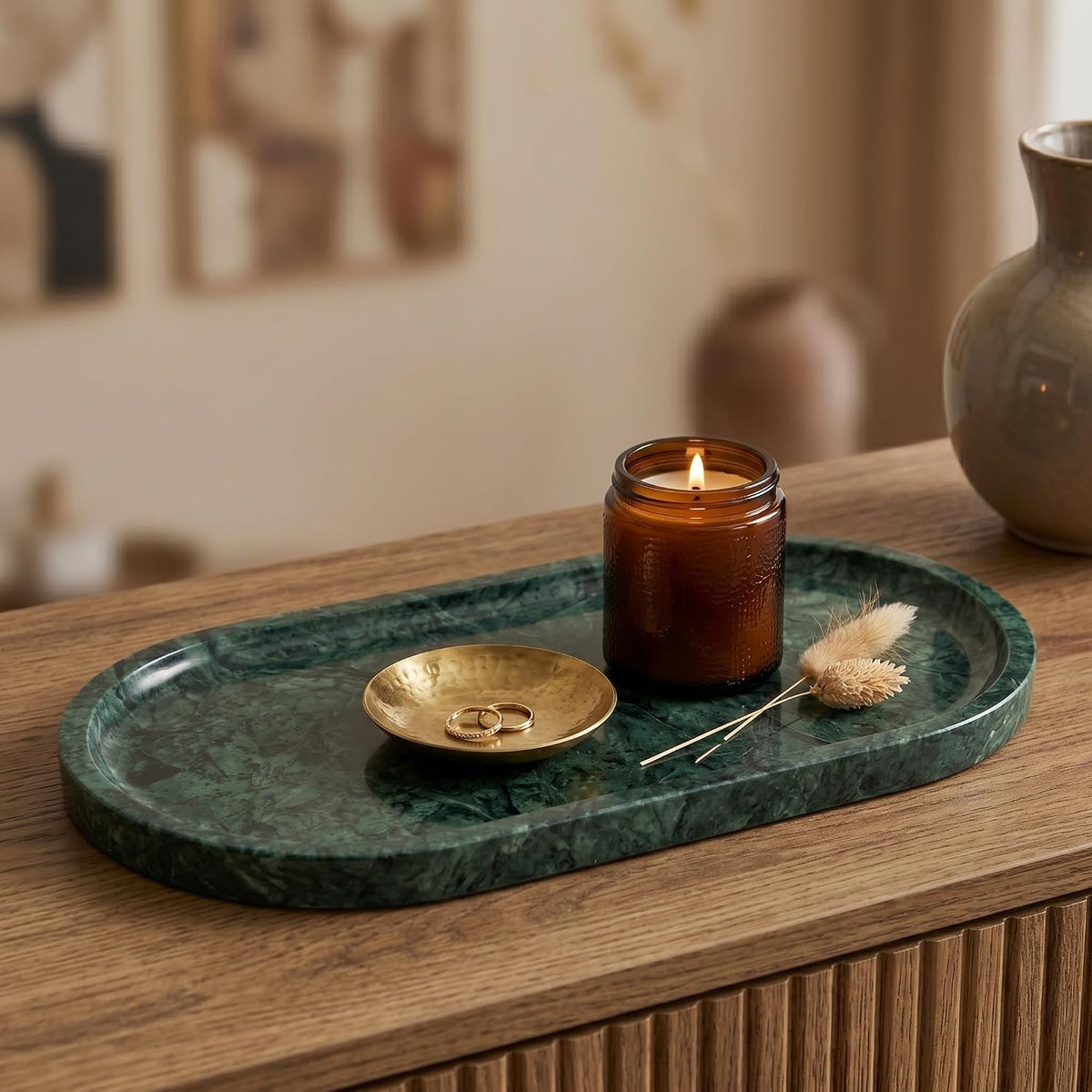 YKAJO Jade Green Oval Marble Tray, 11.8x5.9 Vanity Perfume Organizer Dish