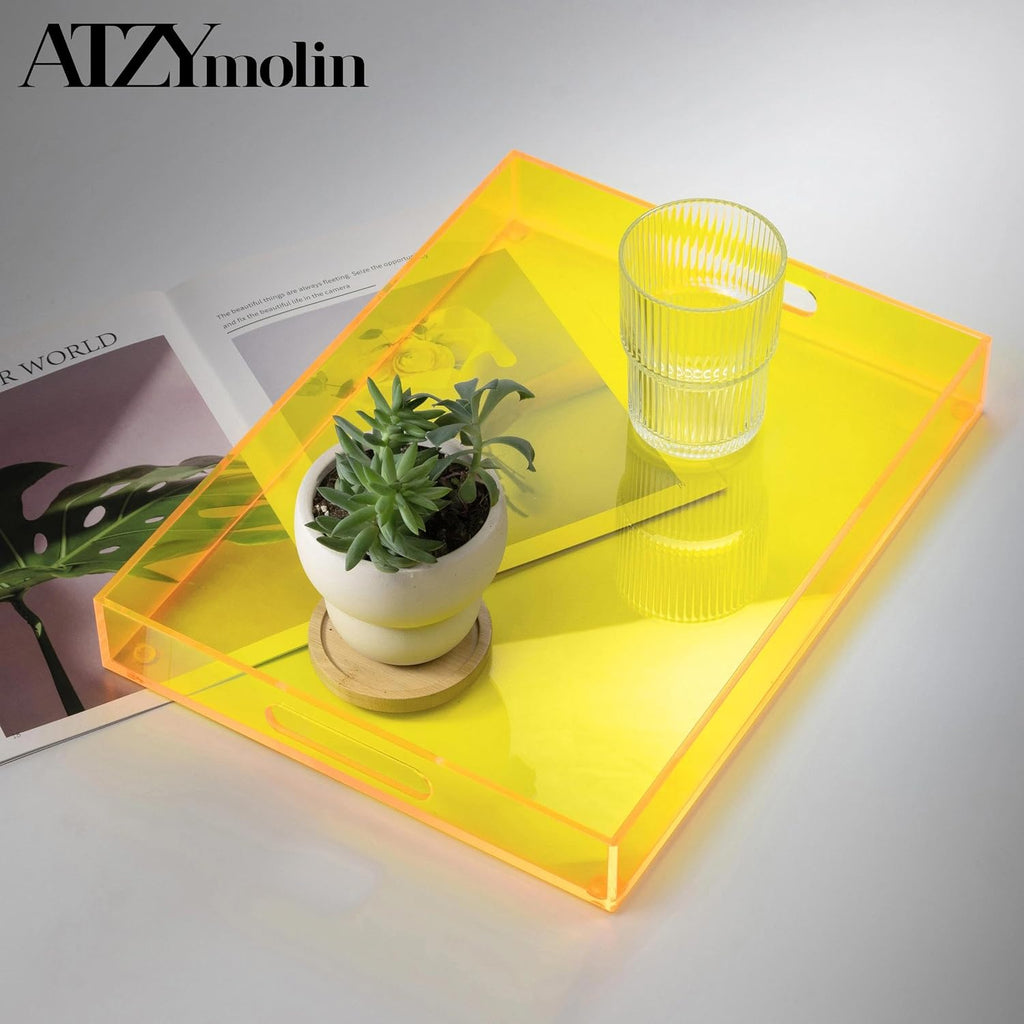 ATZYmolin 16"x12" Large Acrylic Serving Tray, Vanity Platter, Neon Yellow