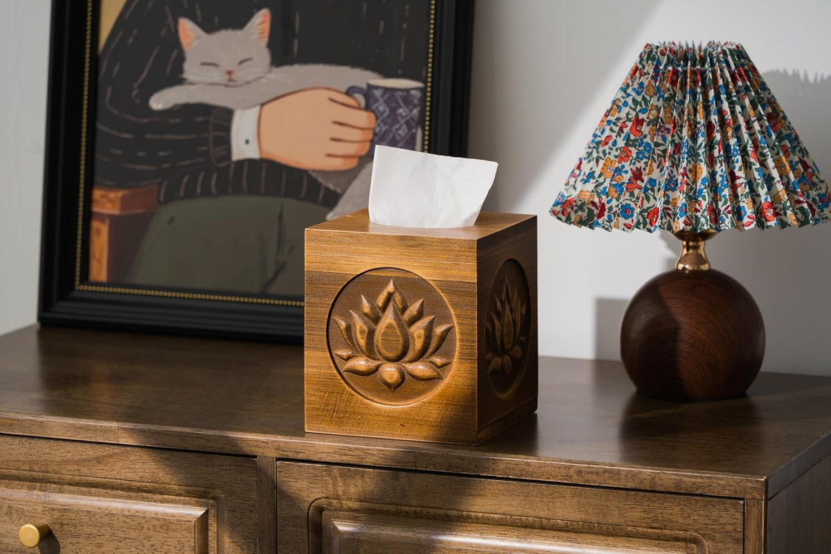 Ukwell Wood Carved Tissue Box Cover Square Distressed Brown Tissue Holder with Embossed Lotus Pattern, Rustic Vintage Home Decor for Bathrooom Bedroom Living Room