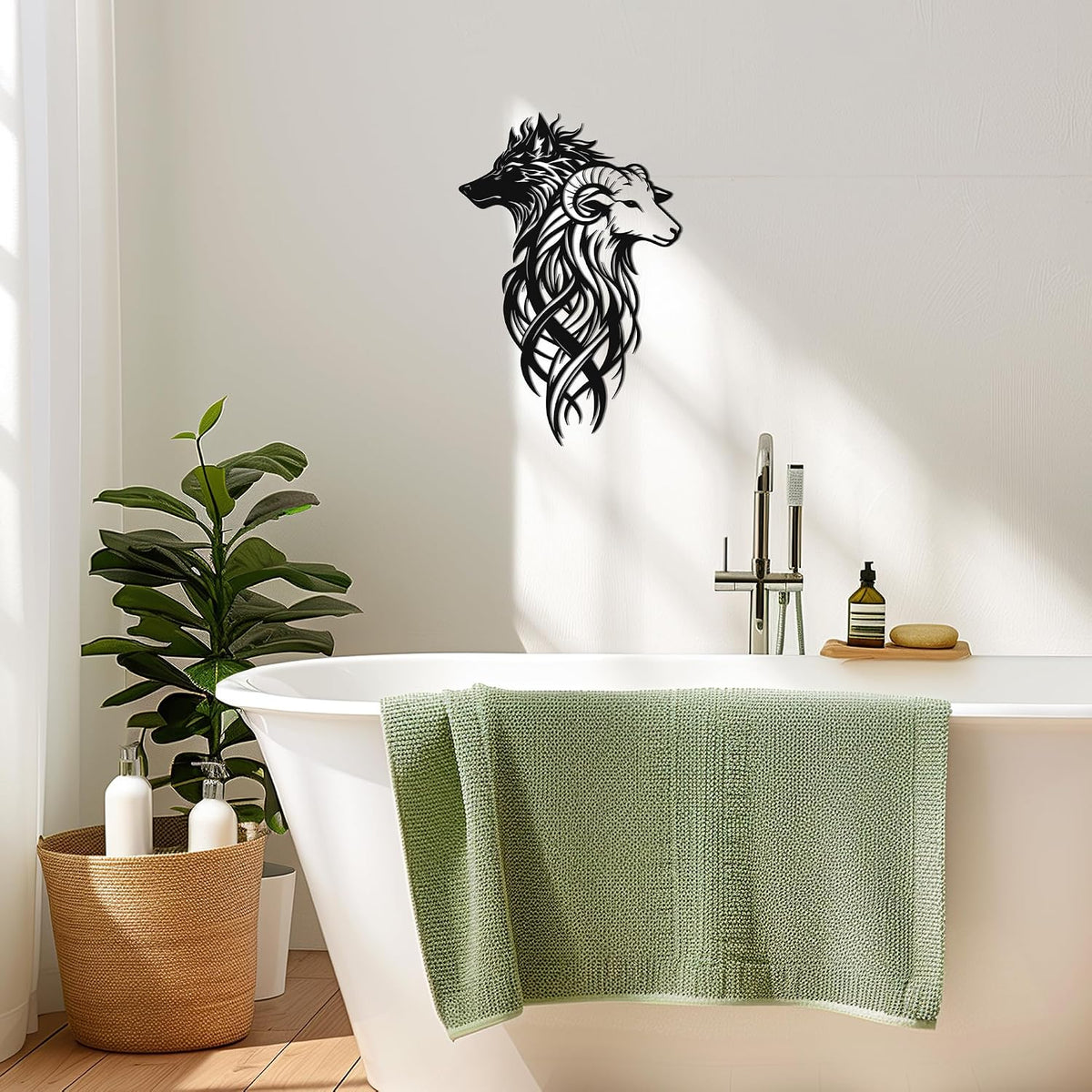 Wolf & Ram Interwoven Metal Wall Art, Black Rustic Dual Wildlife Home Decor