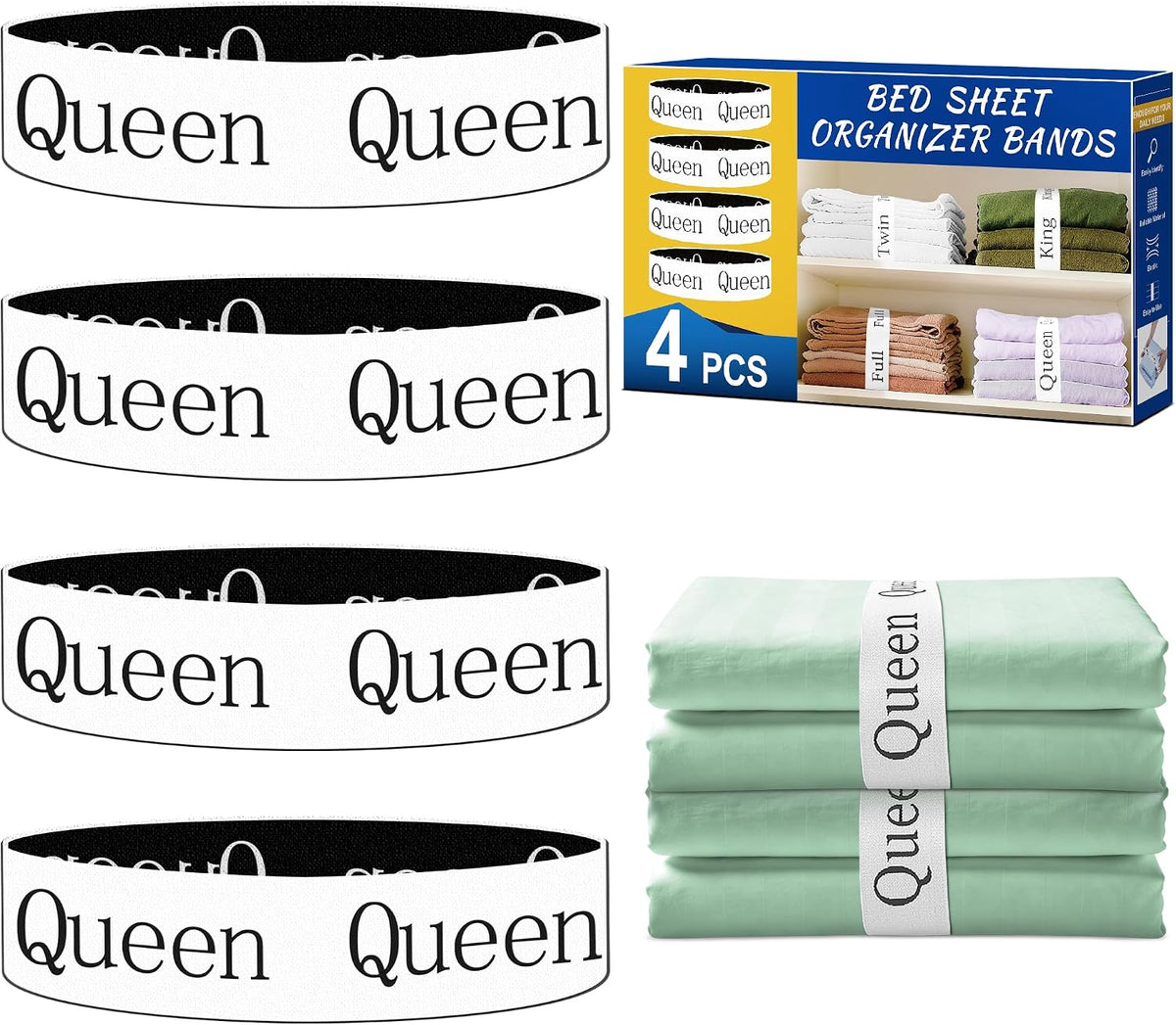 Queen Size Sheet Organizer Bands, 4 pcs Elastic Label Straps for Linen Storage, Closet Organization for Queen Size Bedding Sets