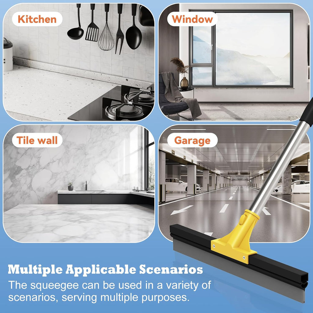 Large Heavy-Duty Floor Squeegee, 18” Rubber Blade Broom & 62” Long Handle Floor Squeegee for Concrete, Bathroom Tile, Garage Concrete, Deck, Shower Glass, Window Cleaning