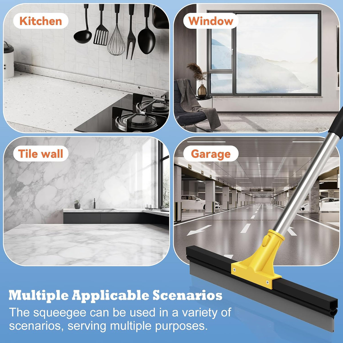 Large Heavy-Duty Floor Squeegee, 18” Rubber Blade Broom & 62” Long Handle Floor Squeegee for Concrete, Bathroom Tile, Garage Concrete, Deck, Shower Glass, Window Cleaning