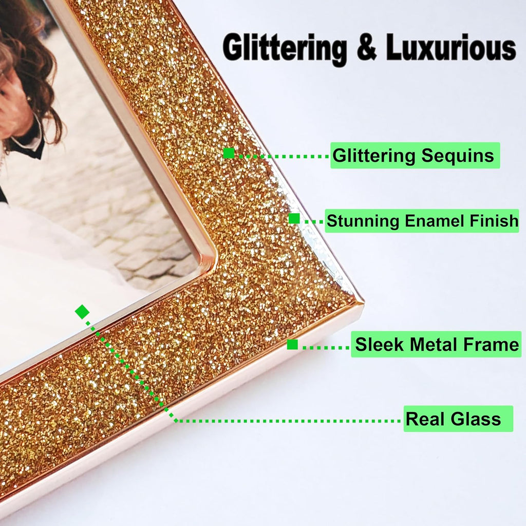 Enamel Picture Frames 8x10, 8 by 10 Gold Glittering Photo Frame with Real Glass & Velvet Back, Sparkling Metal frame for Tabletop or Wall, Amazing Weddings Graduation Gift & Wall Art Decor