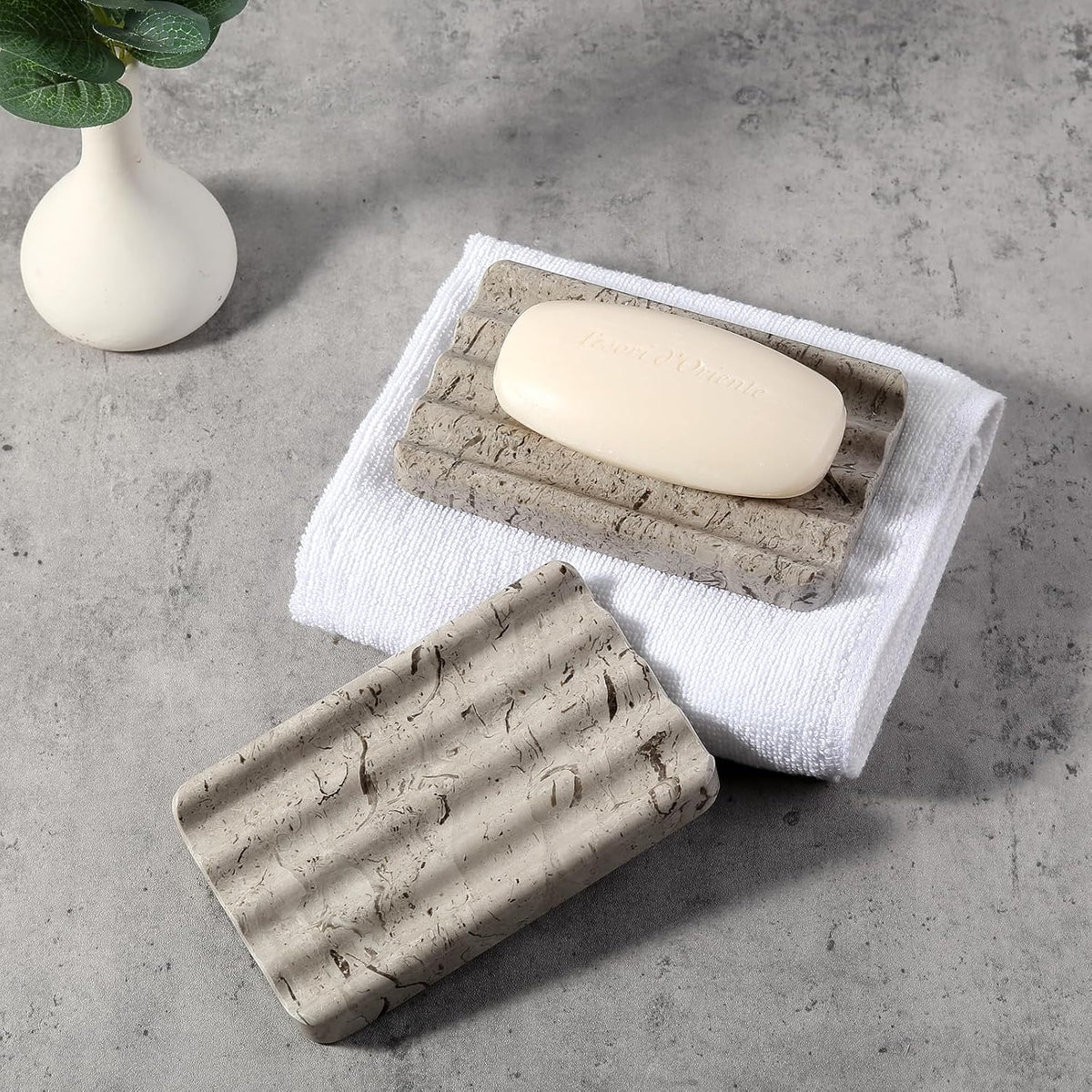 Koville Natural Grey Marble Soap Dish for Shower, Stone Soap Tray for Bathroom, Gray Bar Soap Holder for Sink, Stripe Grooves Soap Saver Stone Dish Keep Bars Dry Easy Clean