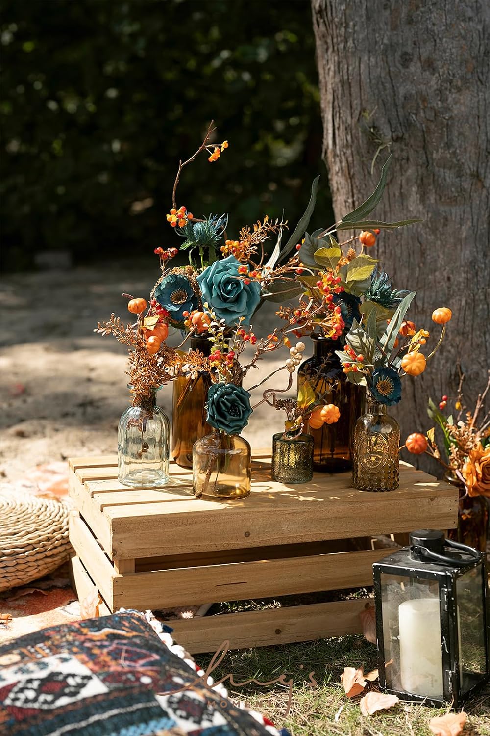 Ling's moment Fake Flowers Box, Teal & Burnt Orange, Mini Combo