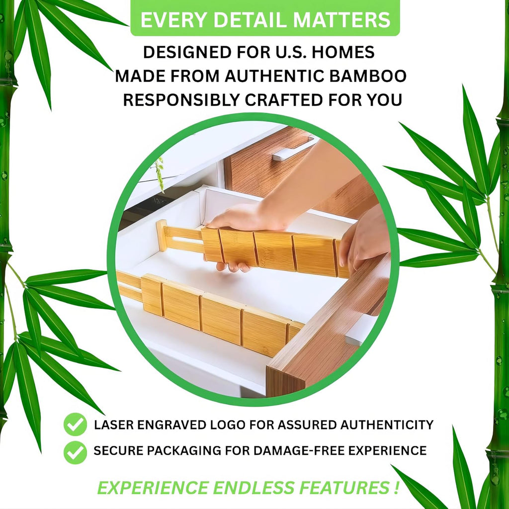 13.9-17.7" Expandable Bamboo Drawer Dividers with Inserts 4-Pack Spring-Loaded with Non-Slip EVA Pads, Adjustable Separator Set for Kitchen,Dresser,Bedroom, Office,Bathroom
