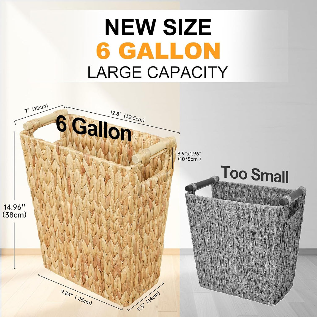 Coeusy 6 Gallon Wicker Trash Can with Wooden Handle,Wicker Waste Basket for Bathroom,Bedroom,Large Narrow Water Hyacinth Trash Basket,Rattan Boho Decor Farmhouse Bathroom Trash Can