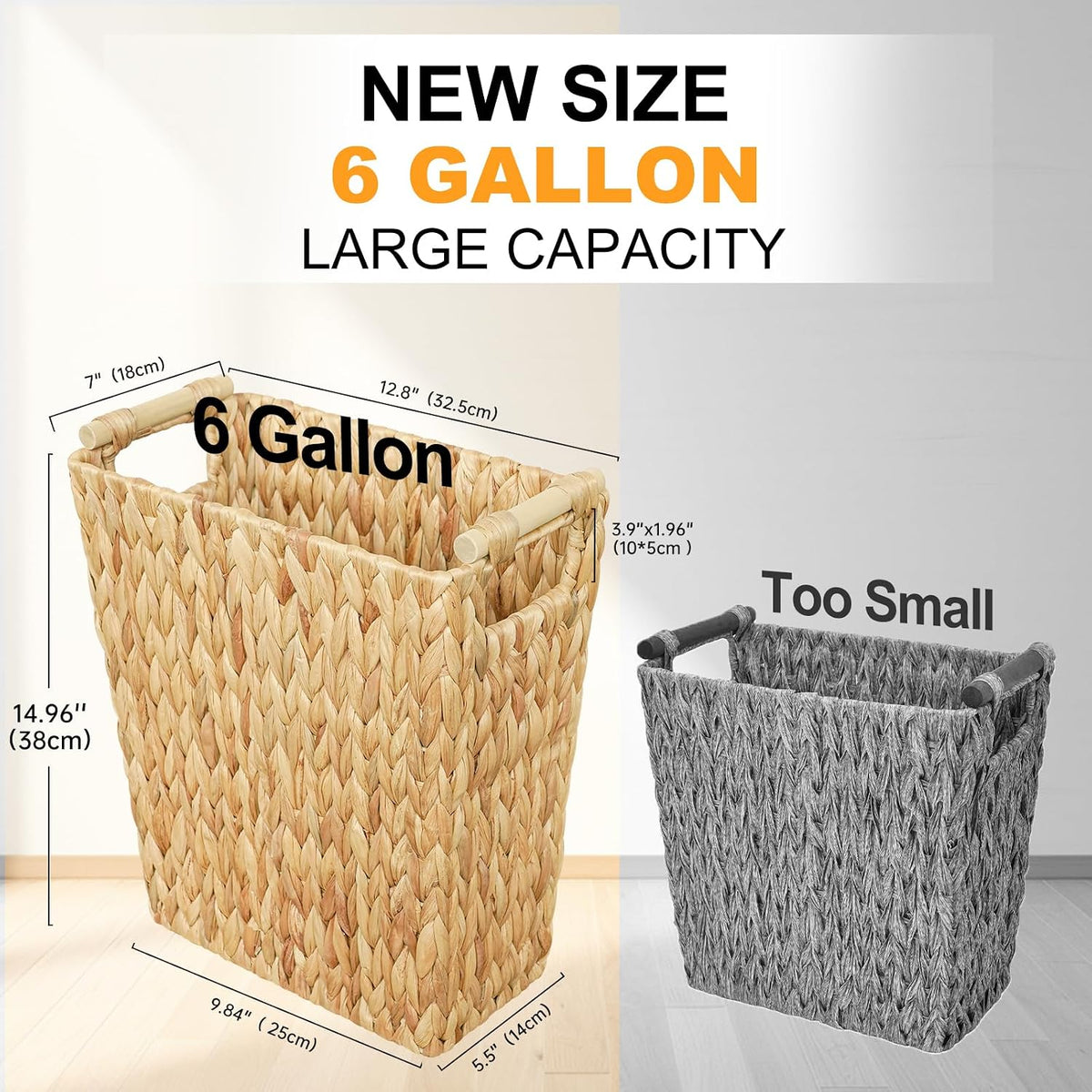 Coeusy 6 Gallon Wicker Trash Can with Wooden Handle,Wicker Waste Basket for Bathroom,Bedroom,Large Narrow Water Hyacinth Trash Basket,Rattan Boho Decor Farmhouse Bathroom Trash Can