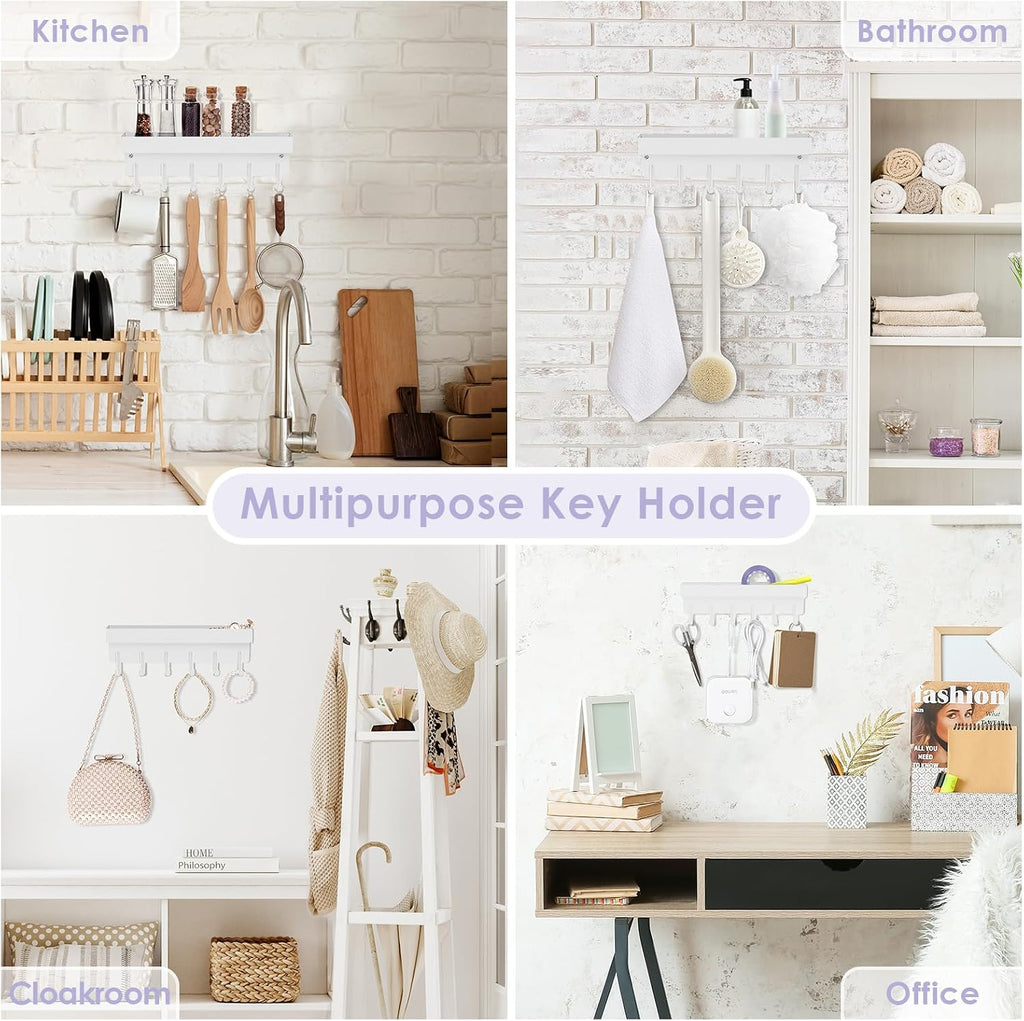 VIS'V Key Holder Wall Mount, Adhesive Key Rack with Tray, 6 Hooks, White