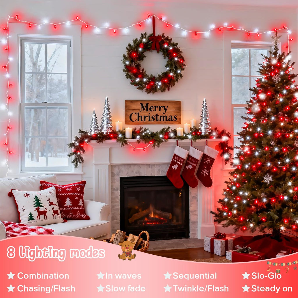 JMEXSUSS 2 Pack 100 LED Red and White Christmas Lights Outdoor, Each 33FT