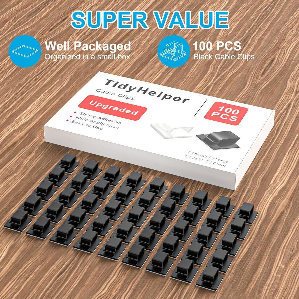 TidyHelper 100 PCS Adhesive Cable Clips, Small, Black, Indoor/Outdoor