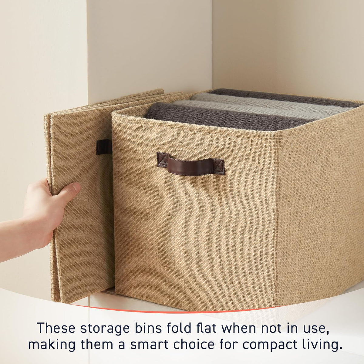 Ornavo Home 13x13 Jute Storage Cube Bins, 6 Pack, Foldable, Leather Handles