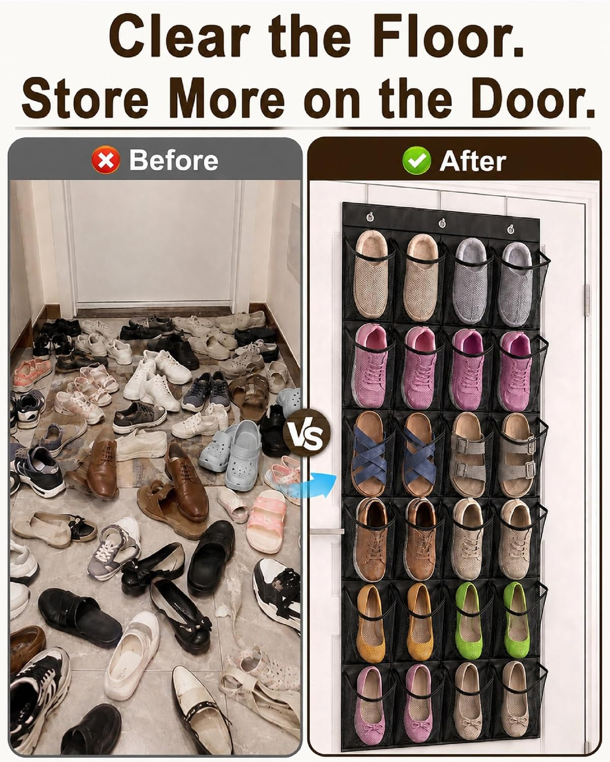 Over The Door Shoe Organizer with 24 Large Breathable Mesh Pockets
