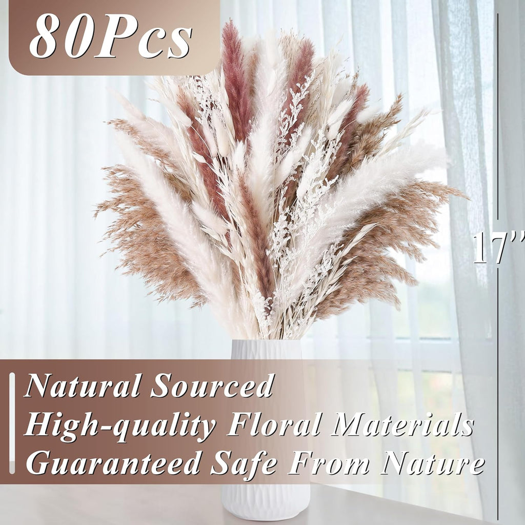 85PCS White Dried Pampas Grass Bouquet, Boho Home Decor Flowers
