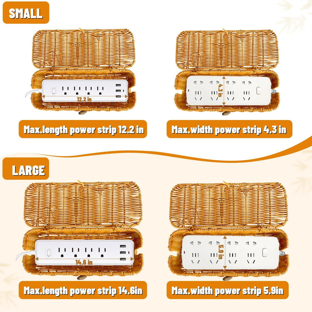 2 Pcs Handwoven Rattan Cable Management Box,Cord Organizer Box with Lid,Open-Slot Cord Hiding Basket,Decorative Storage Box for Hiding Computers, Tv, Power Sockets, USB Hubs（Orange）